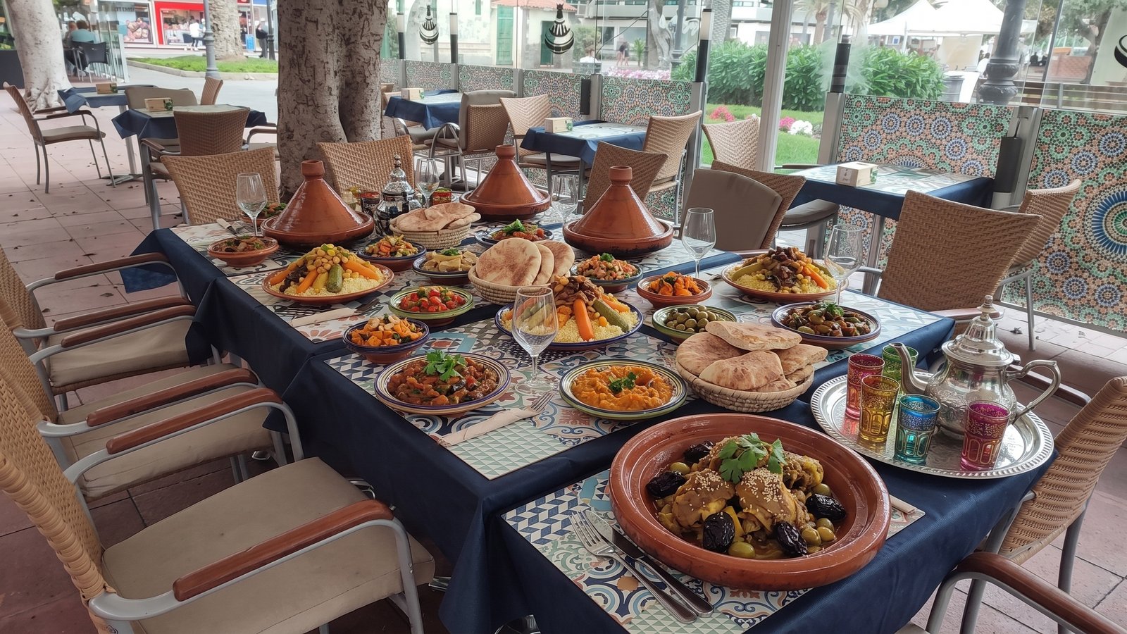Terrace tables set with navy tablecloths and tiled placemats, with the park gardens behind